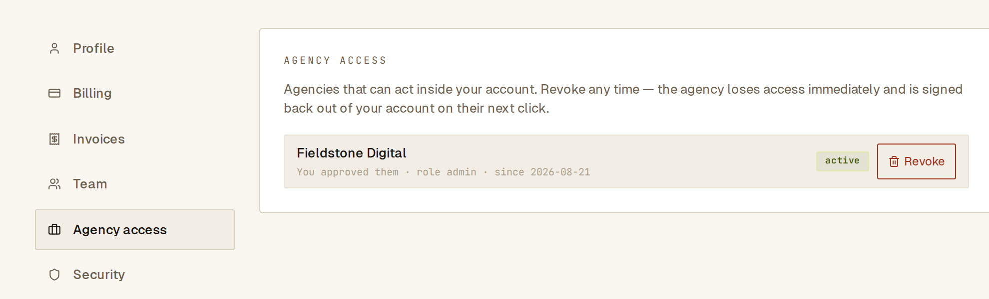 Agency access settings listing Fieldstone Digital as active with admin role and a Revoke button