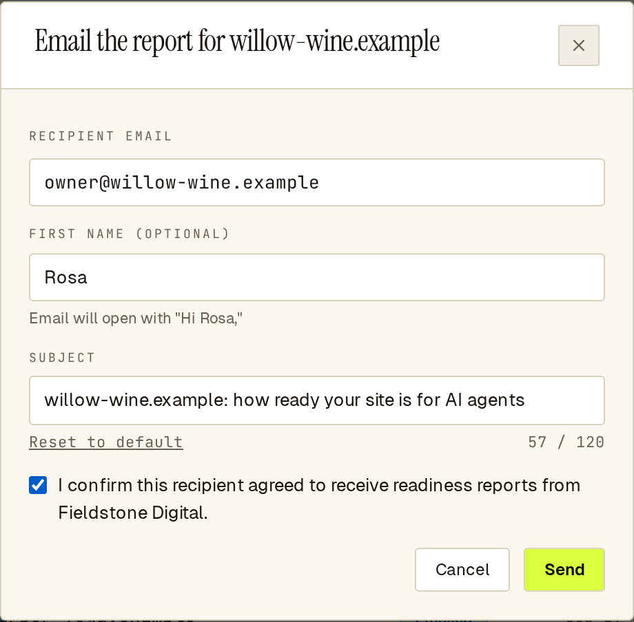Email the report dialog with recipient email, first name Rosa, default subject and the consent box ticked
