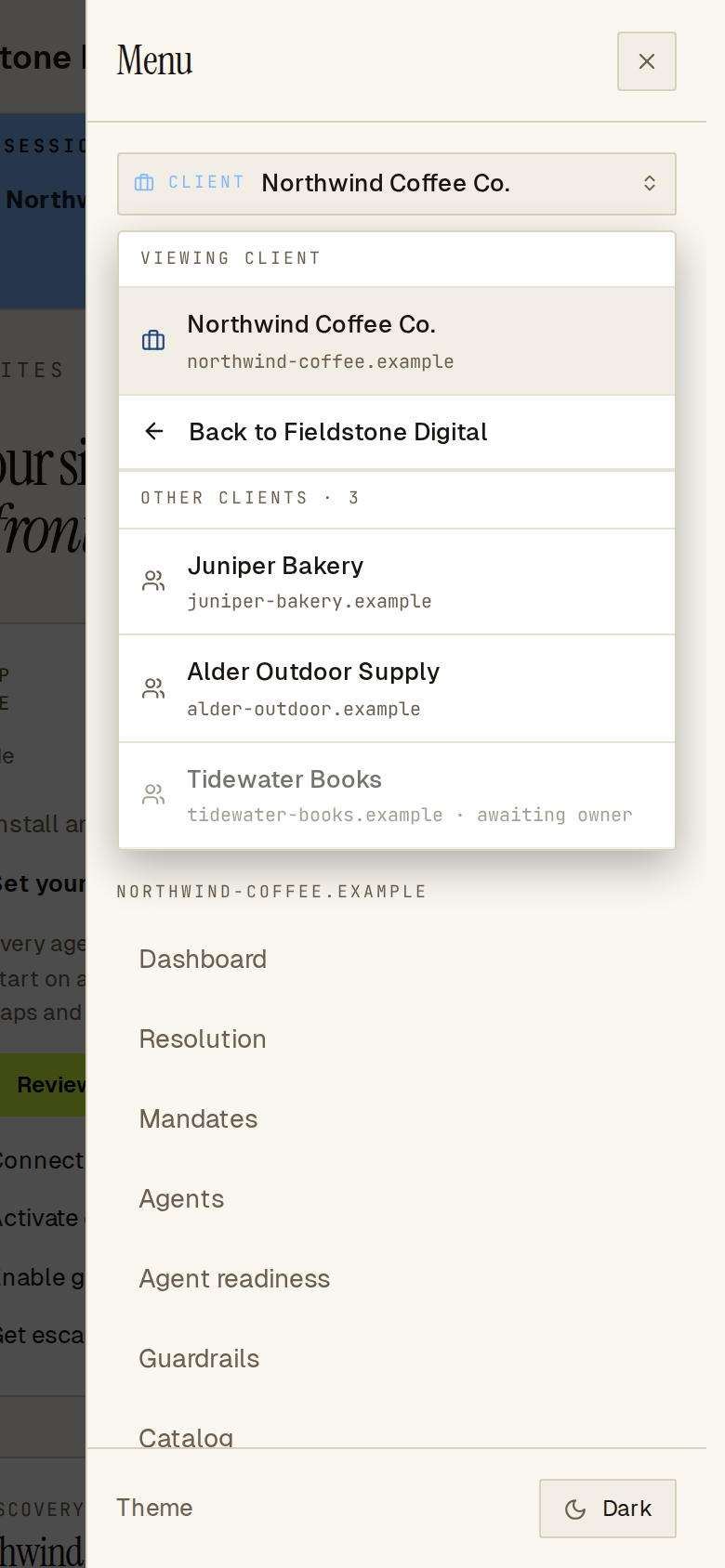 Phone menu with the account switcher open inside a client