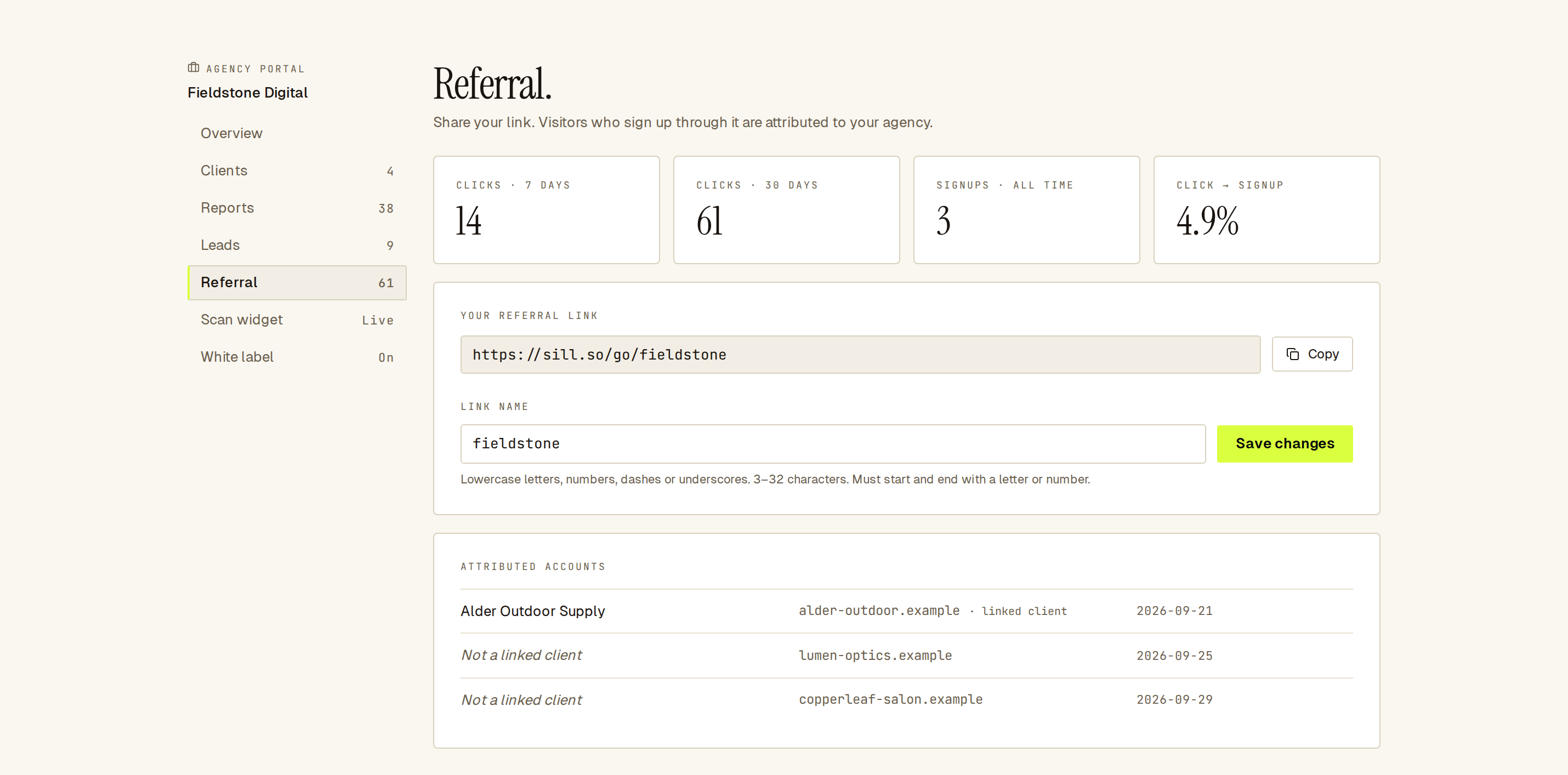 Referral page with clicks for 7 and 30 days, 3 signups, the link sill.so/go/fieldstone and three attributed accounts