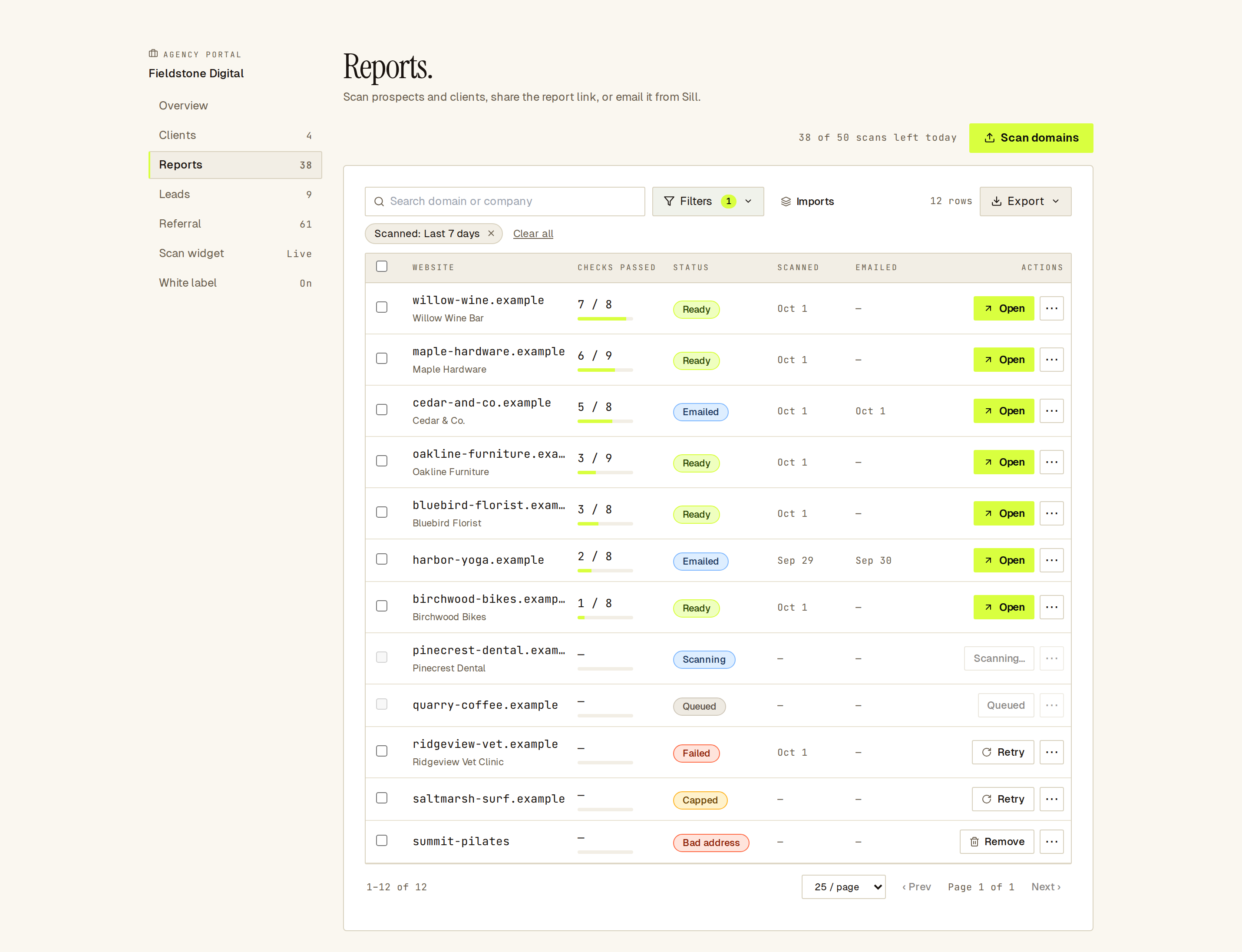 Reports table with ready, emailed, scanning, queued, failed, capped and bad-address rows, filtered to the last 7 days