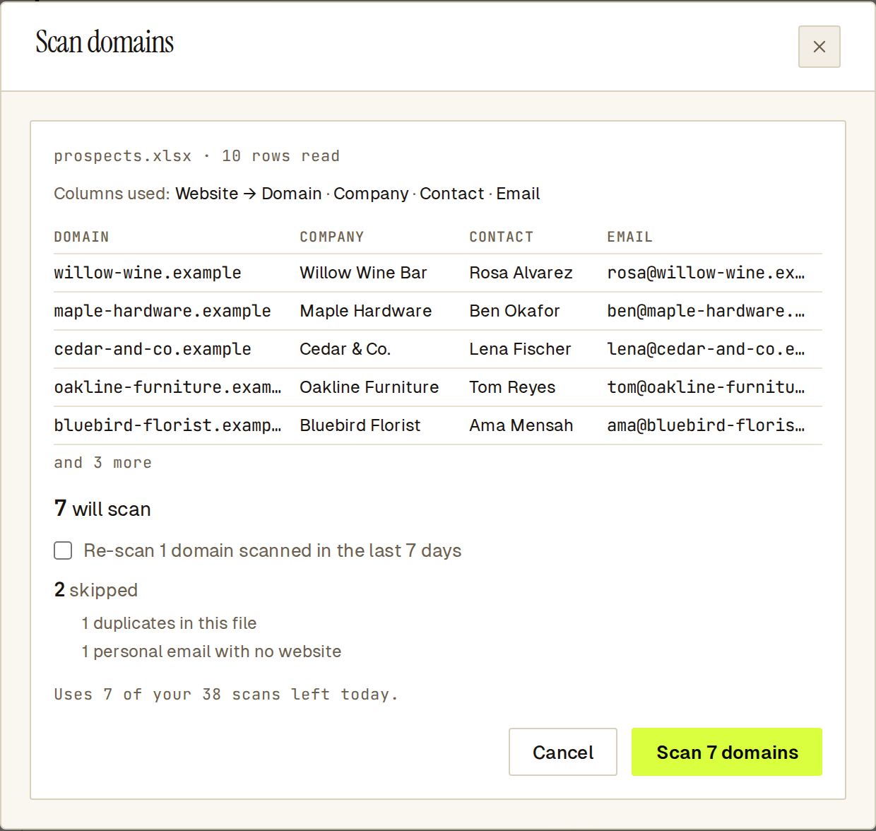 Scan domains preview for prospects.xlsx: columns used, the first rows with company, contact and email, 7 will scan, a Re-scan box for 1 recent domain, and 2 skipped