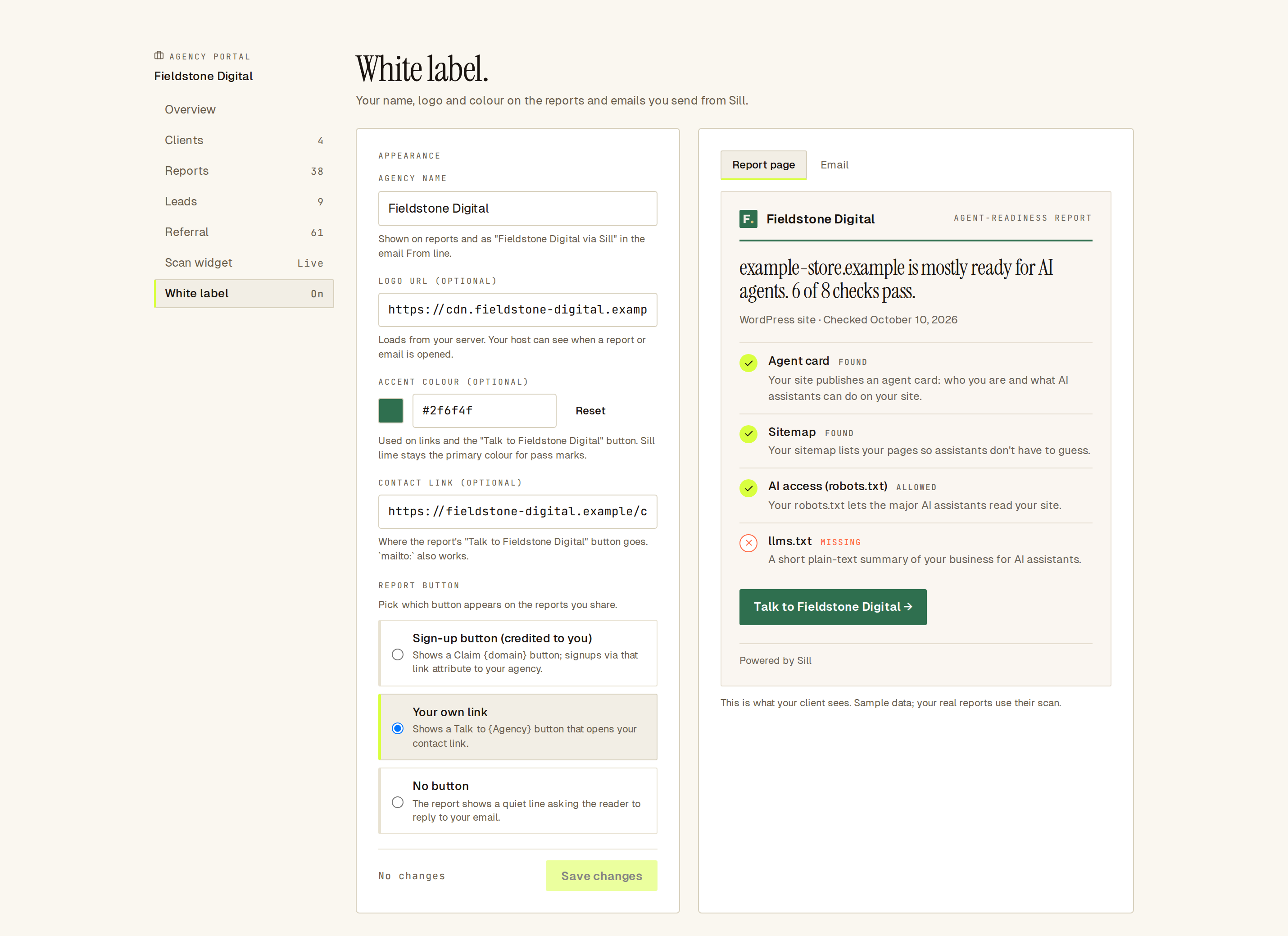 White label settings with agency name, logo URL, accent colour, contact link and report button, next to a report preview