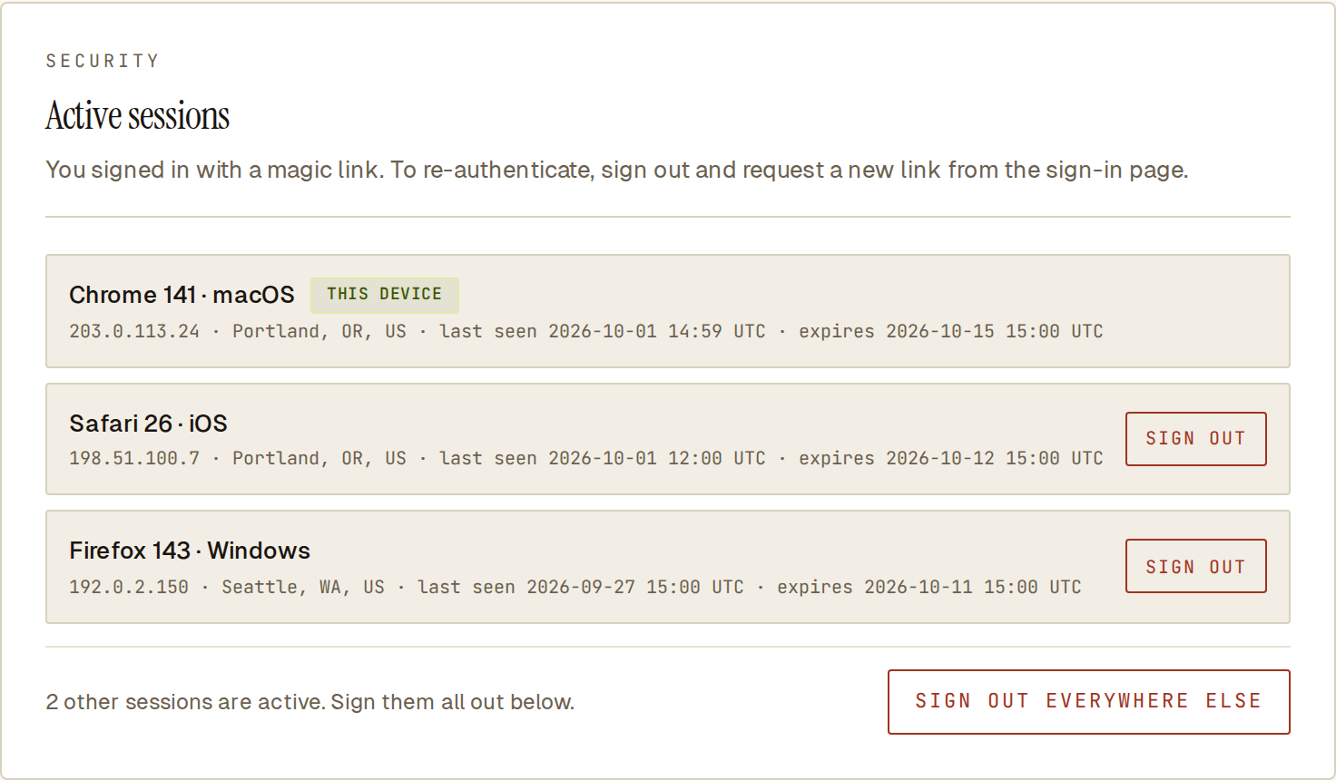 Active sessions: this device plus two other browsers, each with sign-out buttons and a Sign out everywhere else action.