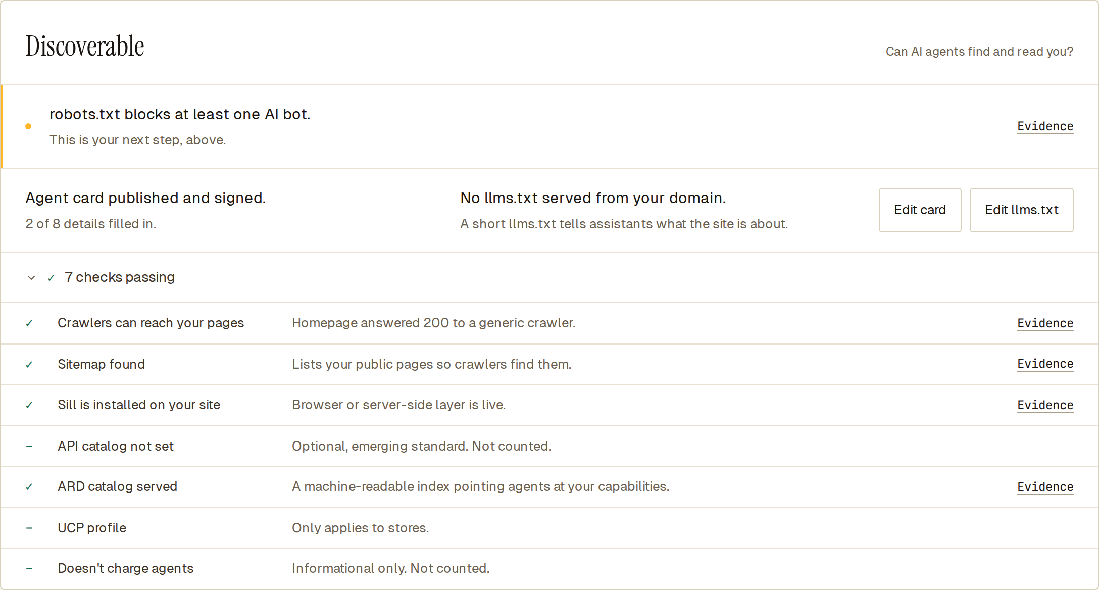 Discoverable section: one fix, then the passing checks, ending with the uncounted Doesn't charge agents row
