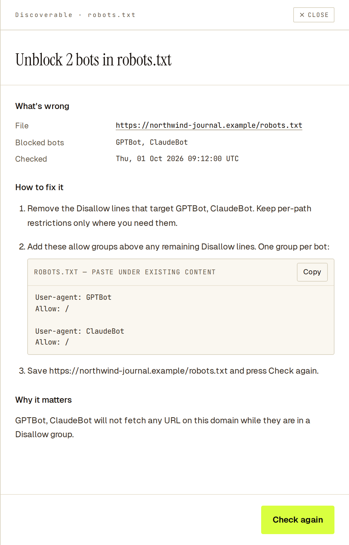 Fix drawer explaining how to let AI crawlers through robots.txt, with a Check again button.