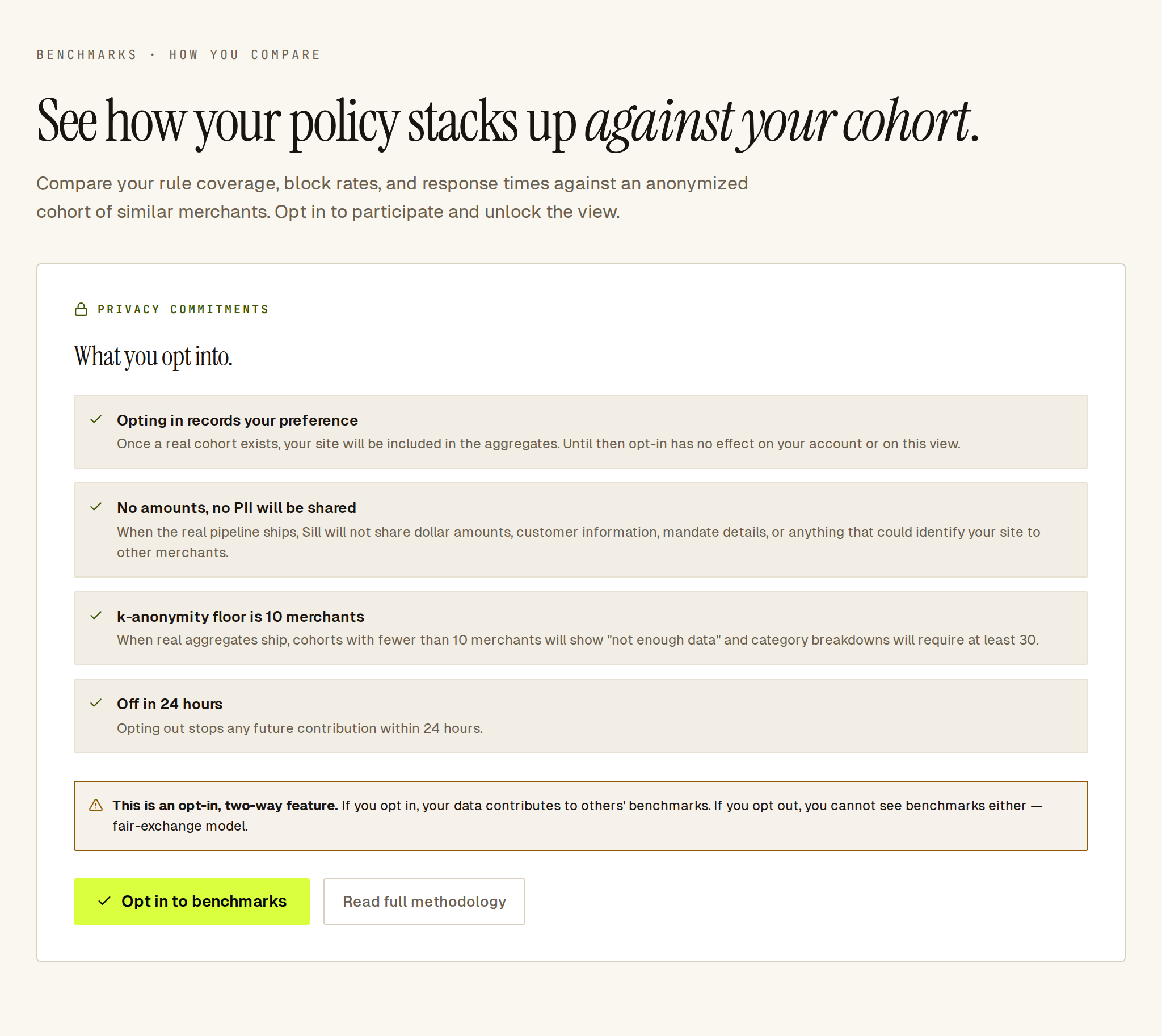 Benchmarks opt-in screen listing four privacy commitments and the Opt in to benchmarks button.