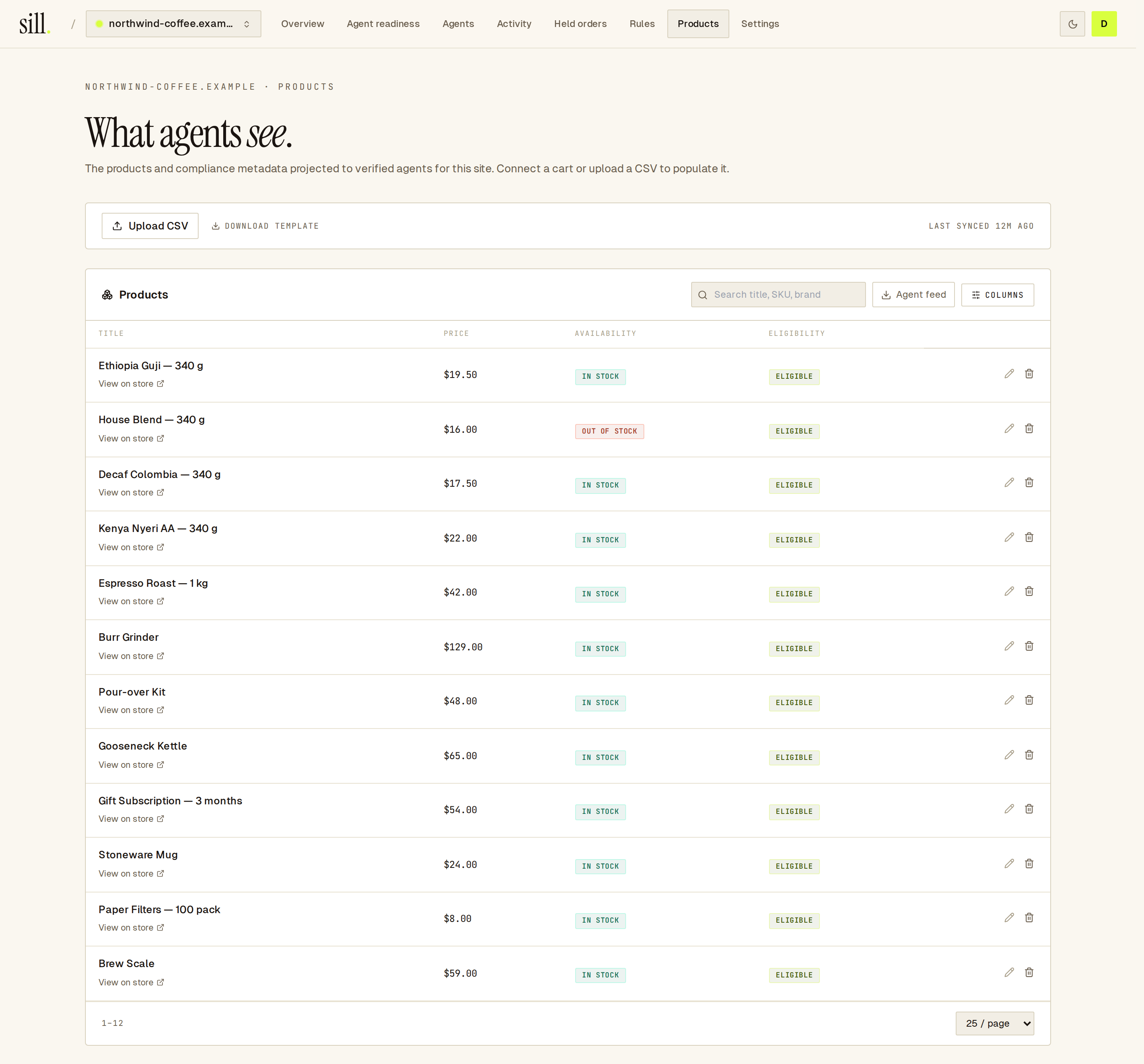 Products page: Upload CSV and Download template above a products table with price, availability and eligibility pills.