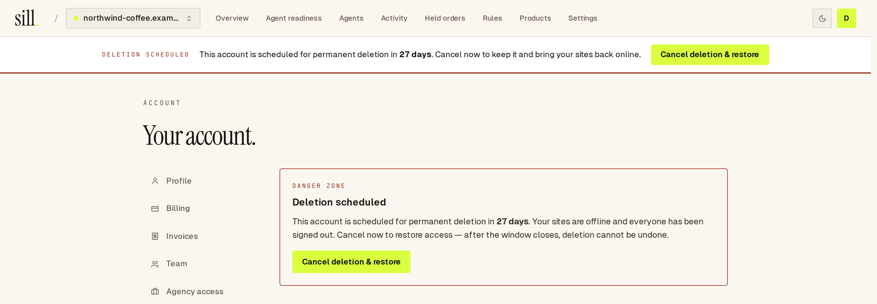 Deletion scheduled banner above Account settings, with Cancel deletion & restore in both the banner and the Danger tab.