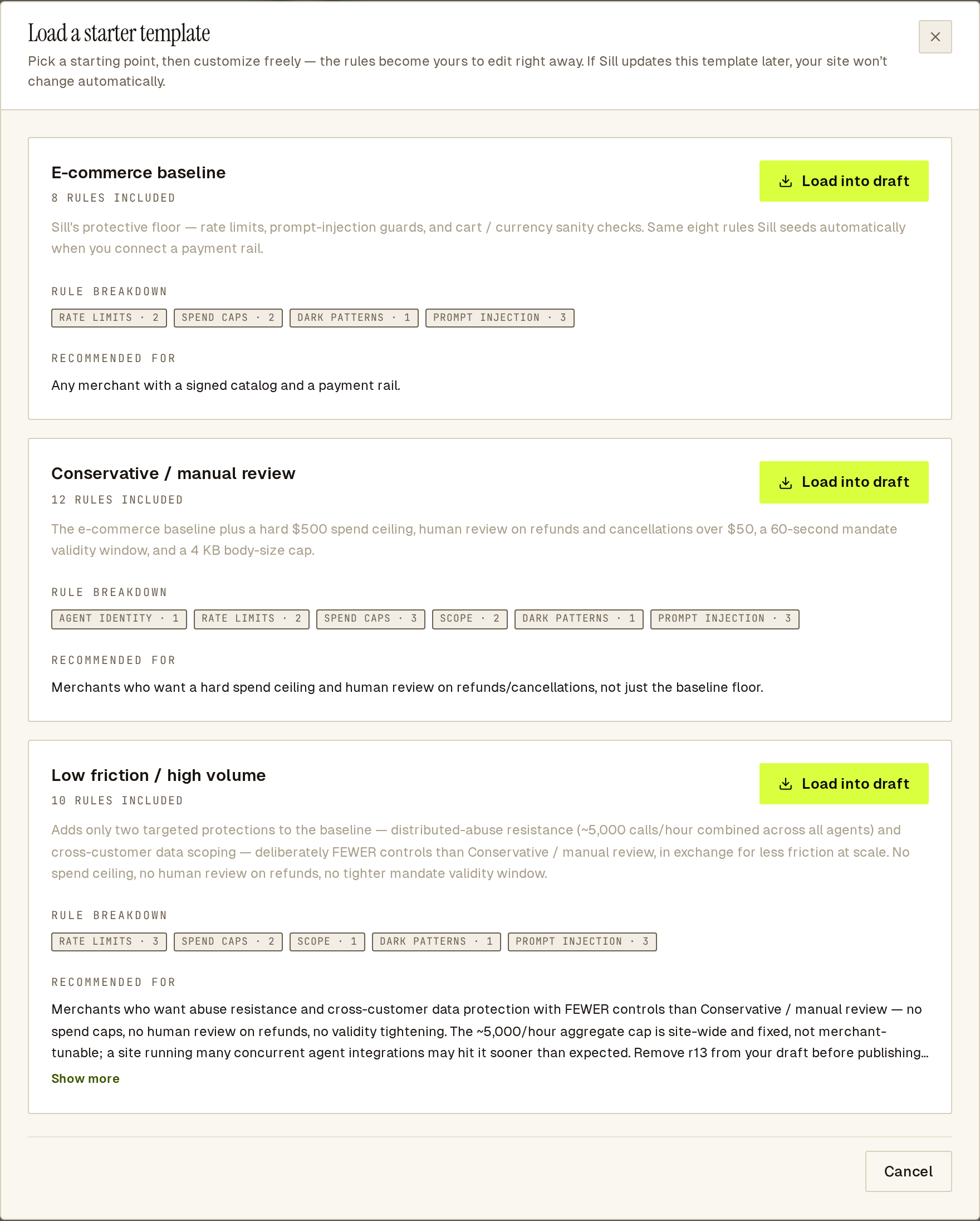 Starter template picker with three rule sets and their rule counts.