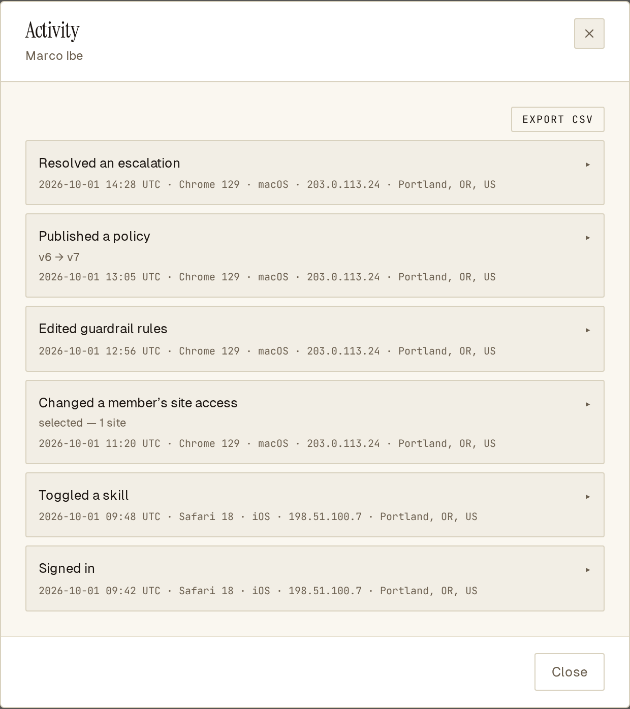 Activity trail for one team member with device, approximate location and an export button.