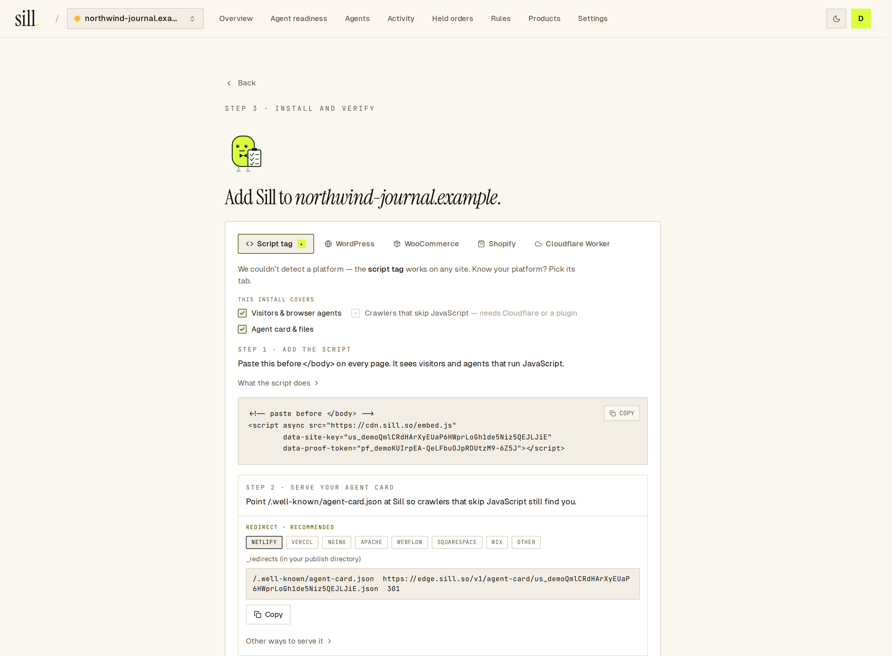 Install step on the Script tag tab: the snippet, the redirect for the agent card, and the Verify button.