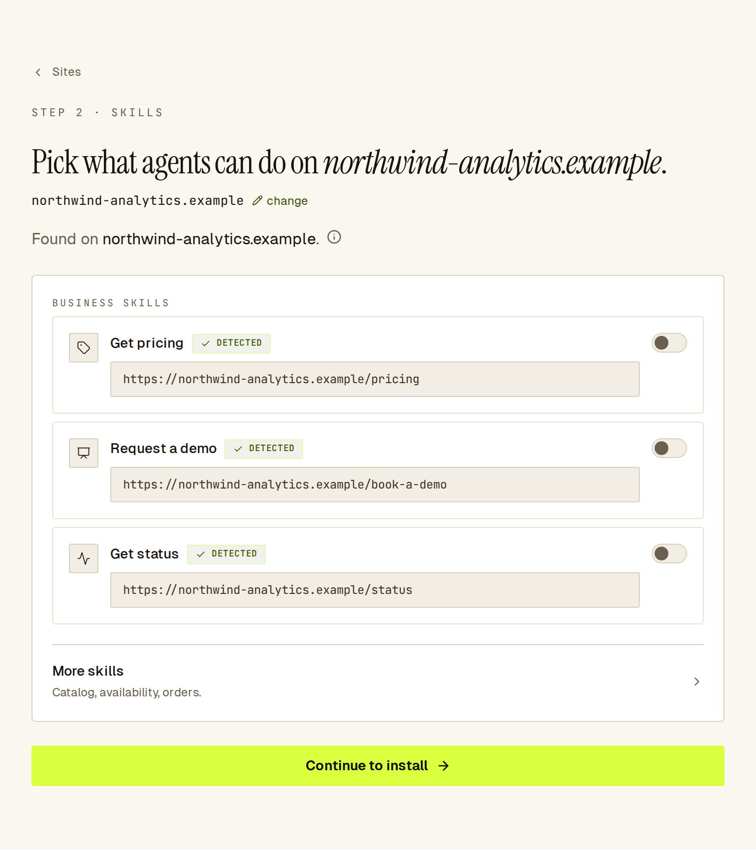 Skills step on a software site: Get pricing, Request a demo and Get status found with links filled in, More skills collapsed