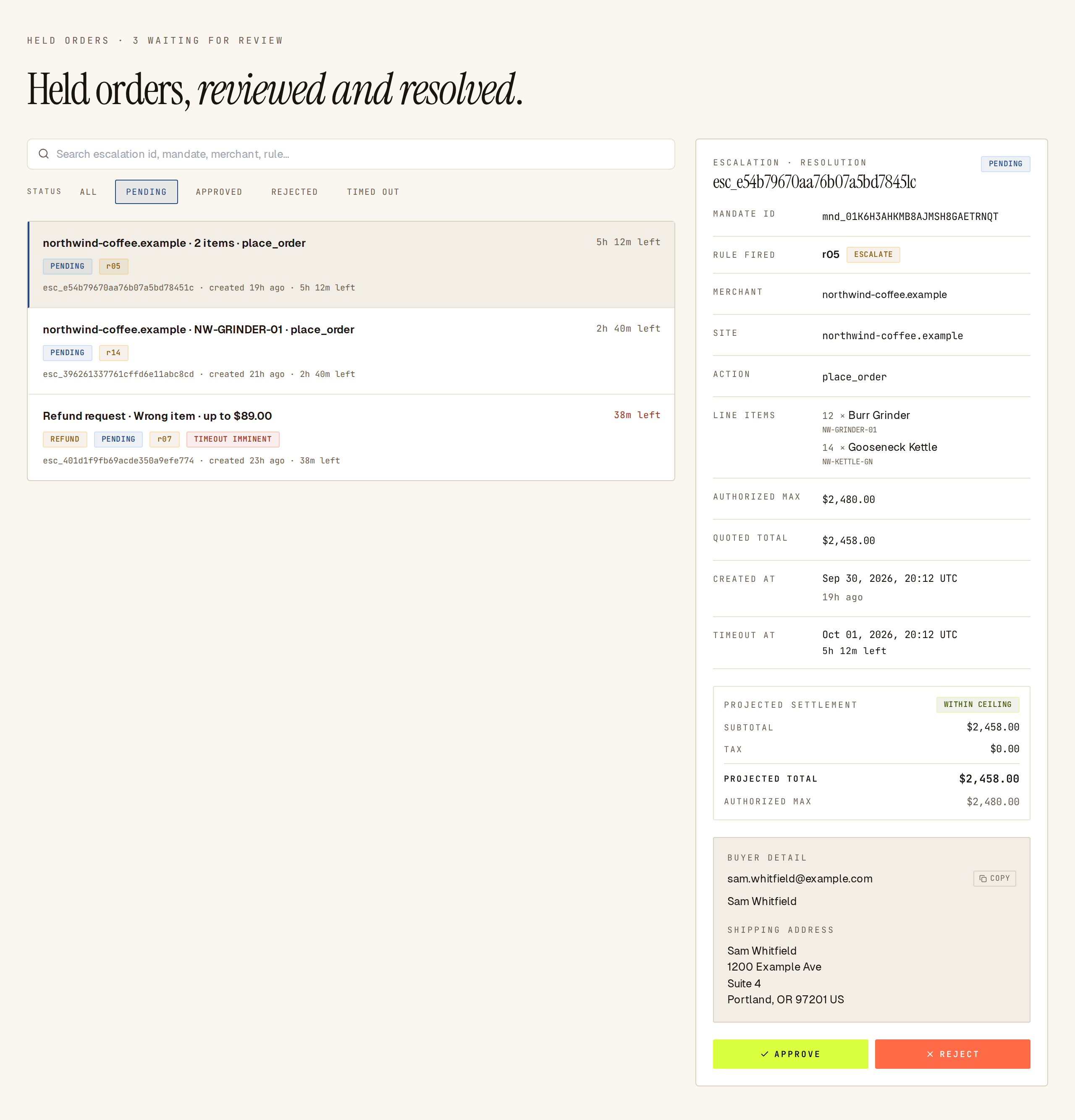 Pending held orders with timeout clocks; the selected order shows the rule, amounts and approve or reject.