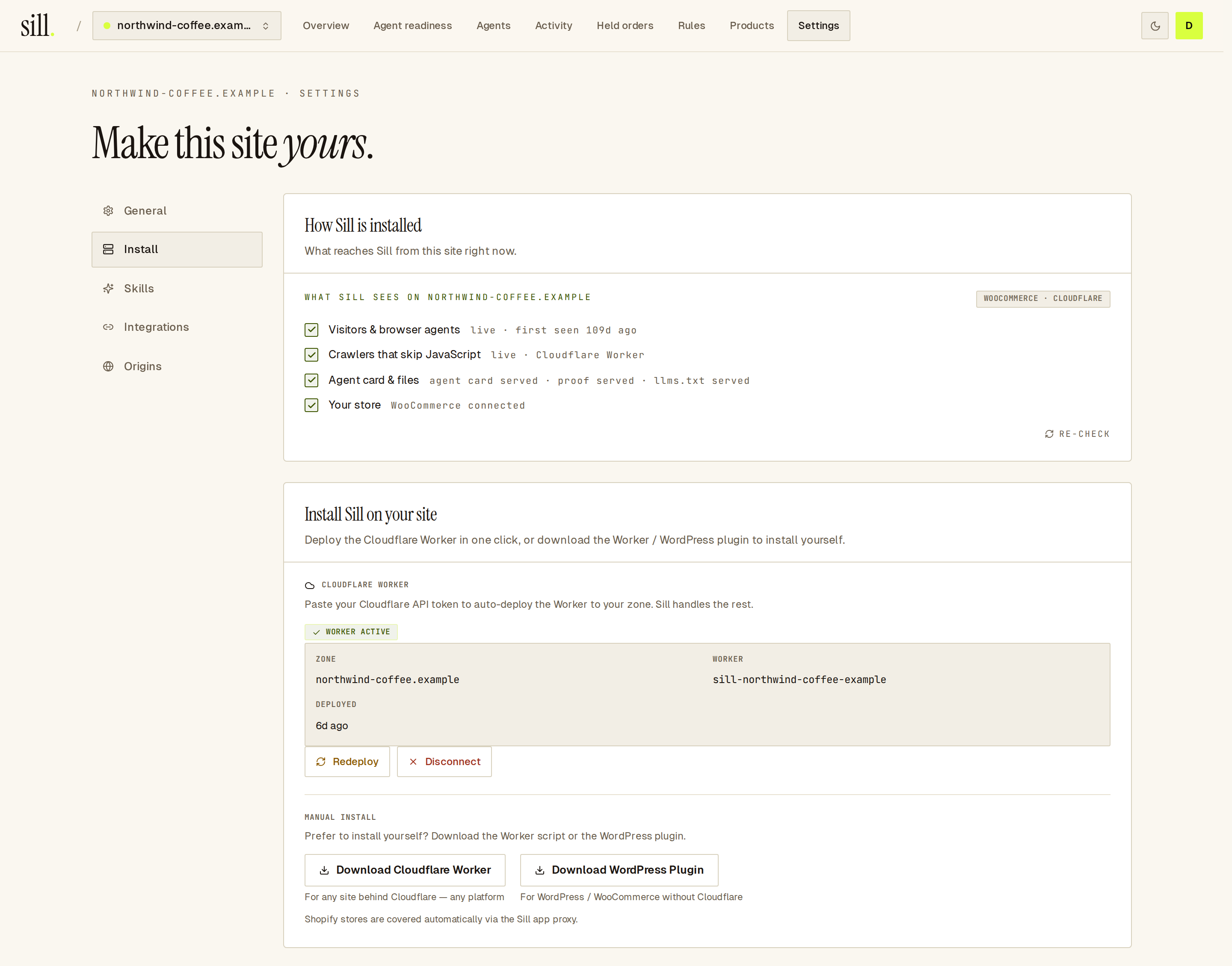Install tab: all four layers live on northwind-coffee.example, and an active Cloudflare Worker with Redeploy and Disconnect.