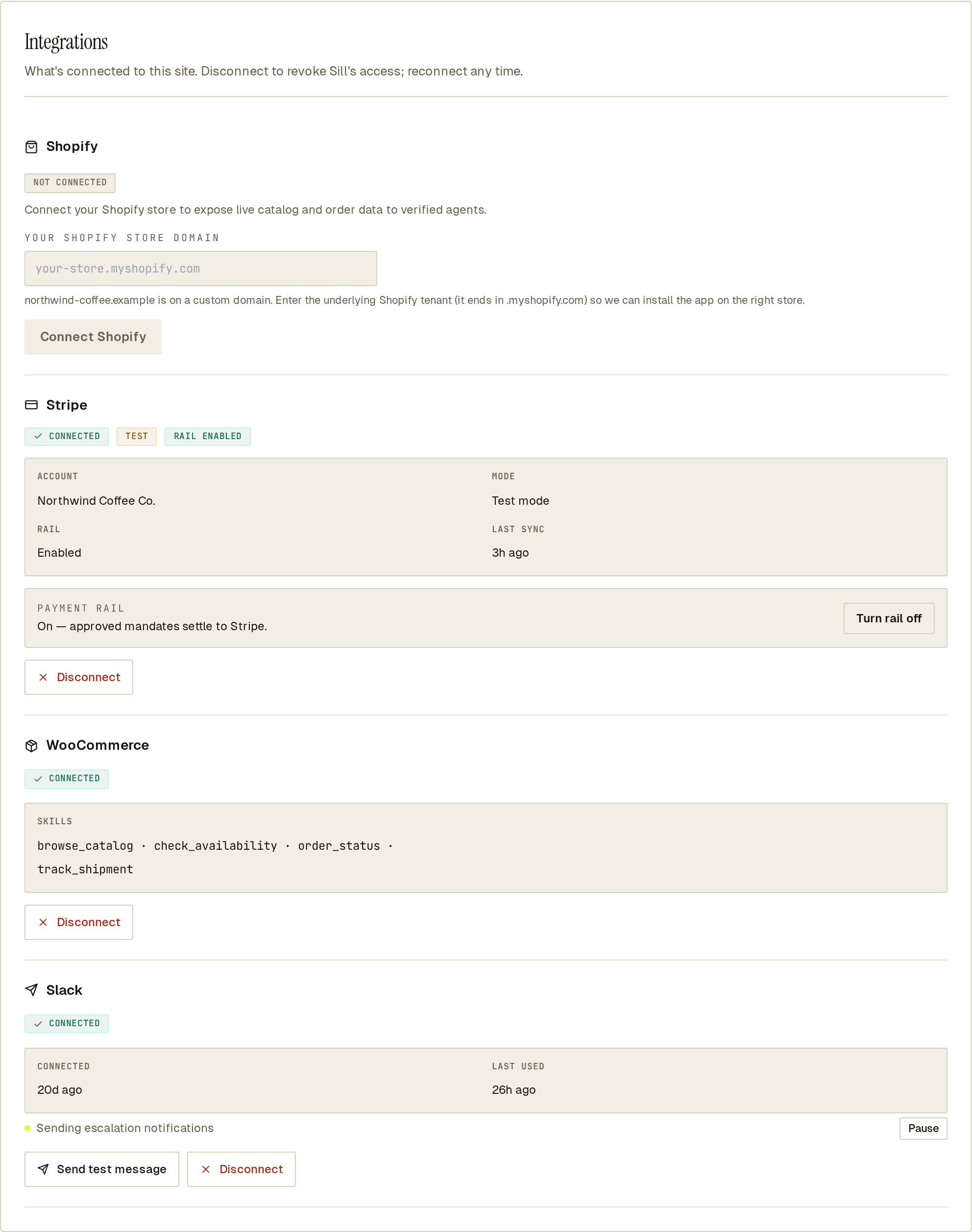 Integrations tab: Shopify not connected; Stripe in test mode with the rail enabled; WooCommerce and Slack connected.