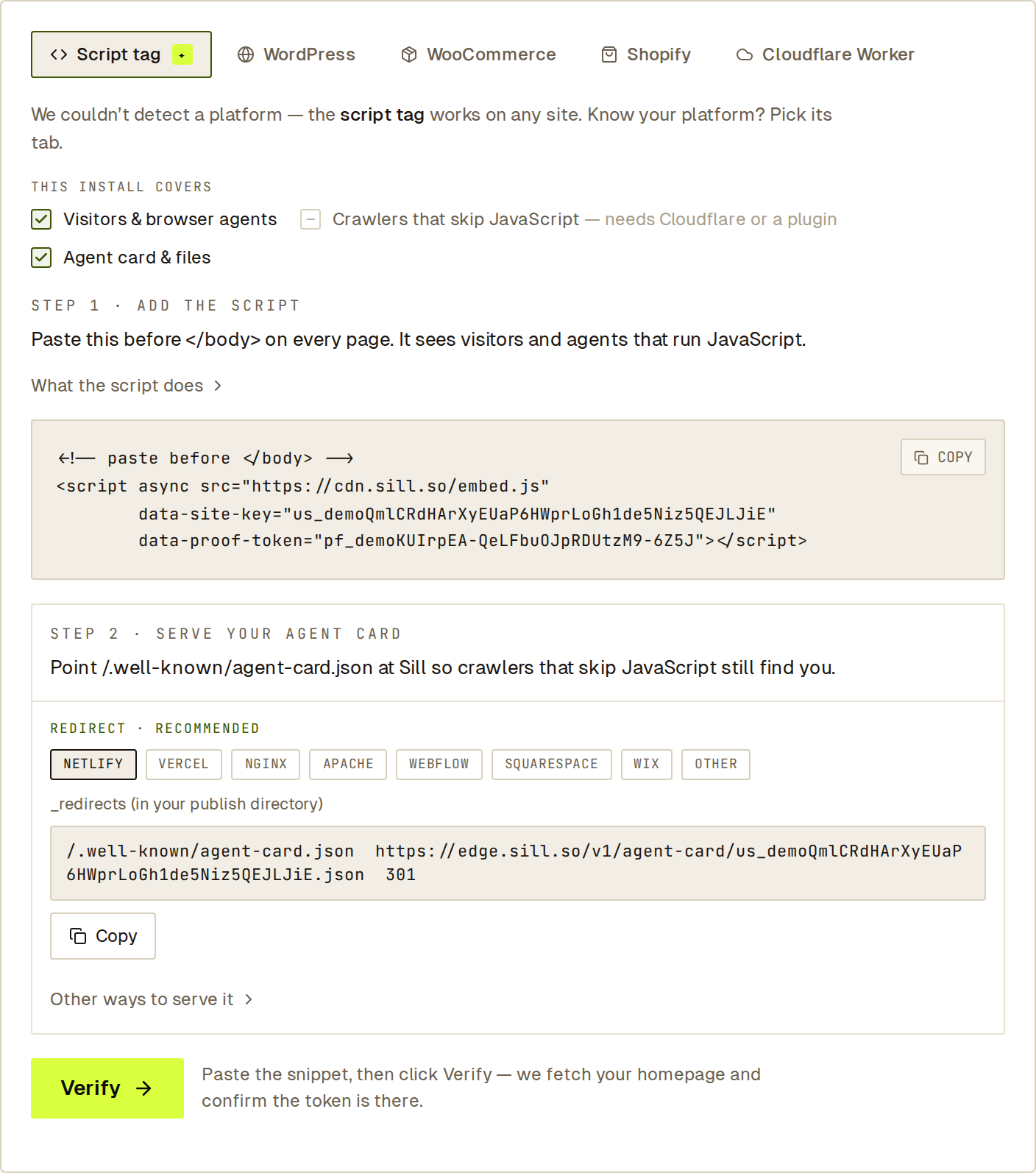 Script tag install with the site key and proof token filled in, and a Verify button that checks your homepage.