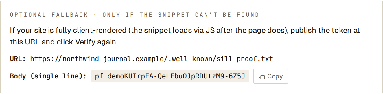 Proof file fallback showing the .well-known path and the one-line token to publish.