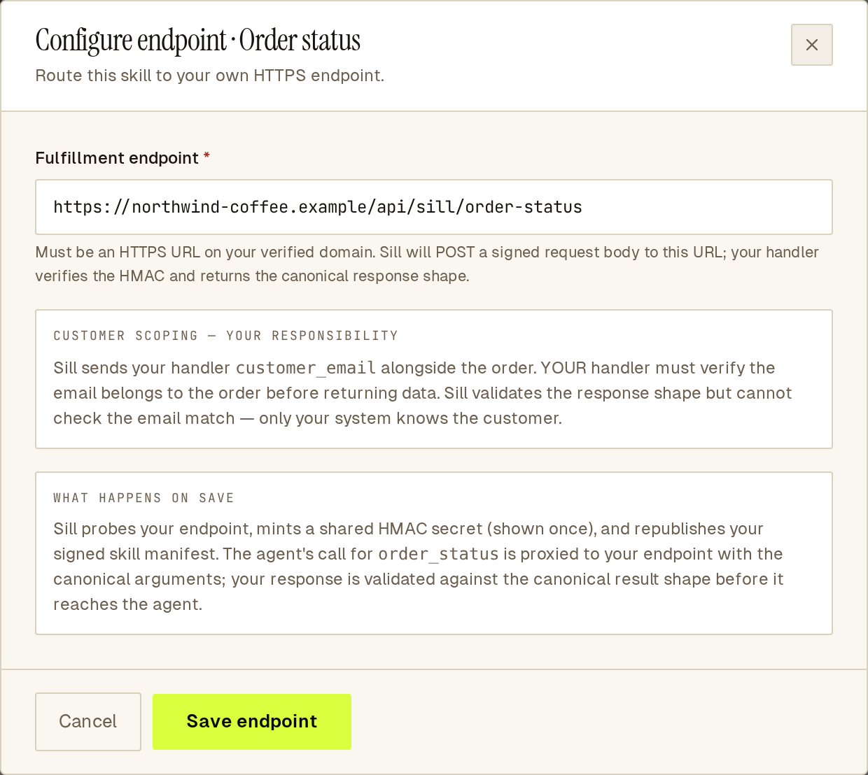 Configure endpoint dialog routing the Order status skill to an HTTPS URL on the store's verified domain