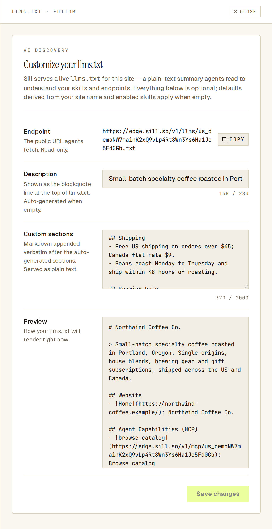 llms.txt editor with a store description, a custom Shipping section and the live preview