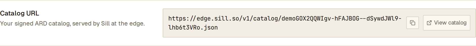 Catalog URL row in Settings with the store's signed catalog URL, a copy button and View catalog