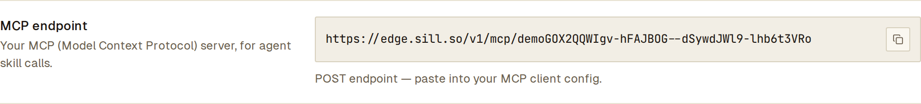 MCP endpoint row in Settings showing the store's edge.sill.so MCP URL with a copy button