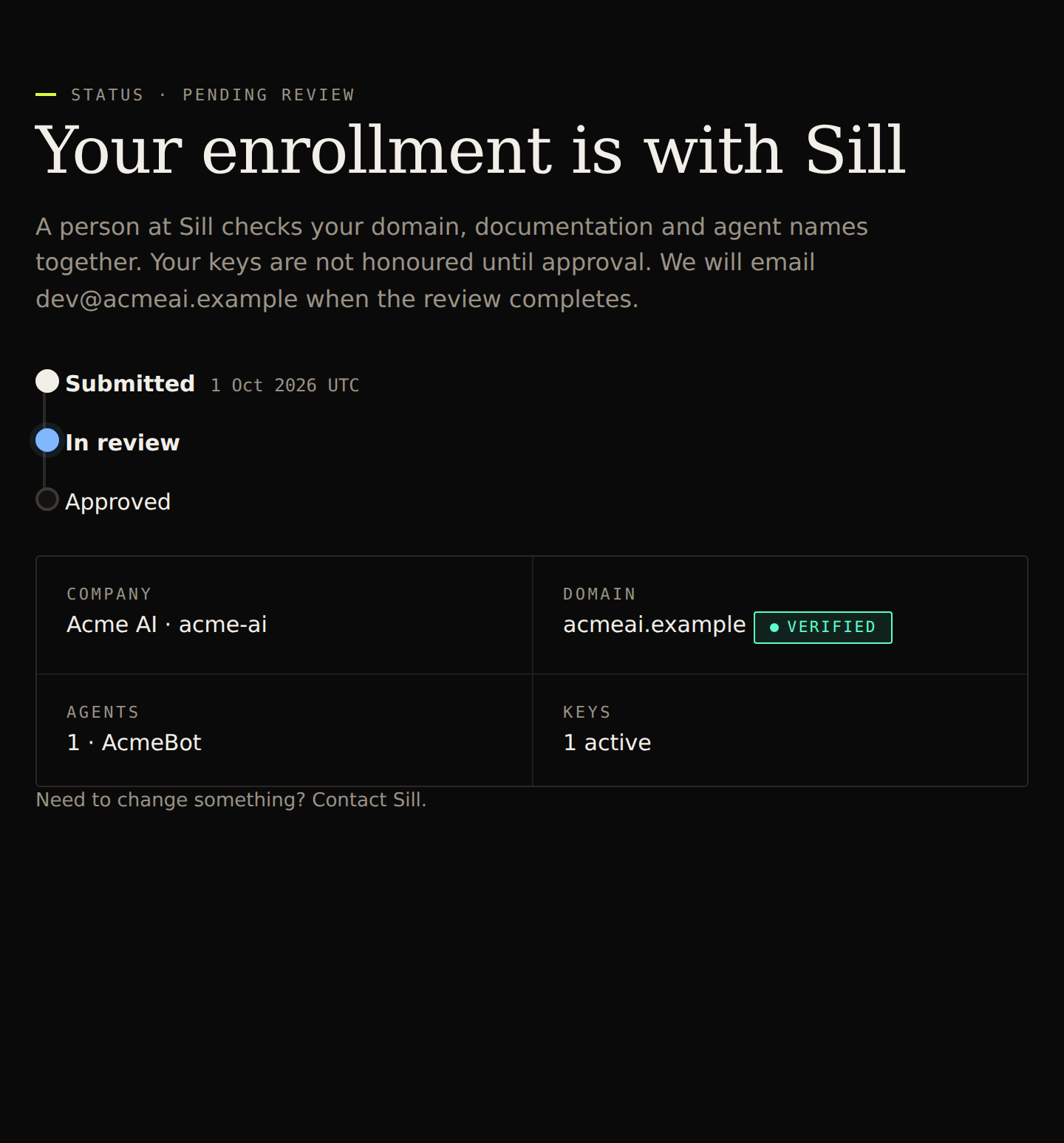 Pending review screen: timeline showing Submitted → In review → Approved, with the enrolled company, verified domain and agent names