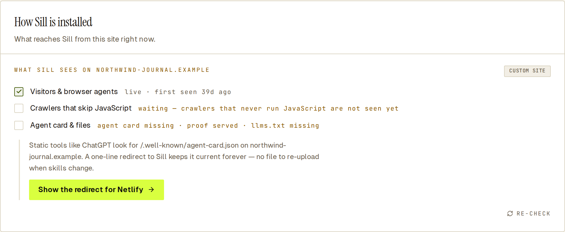 Install coverage for a script-tag site: visitors live, crawlers waiting, agent card missing, Netlify redirect suggested