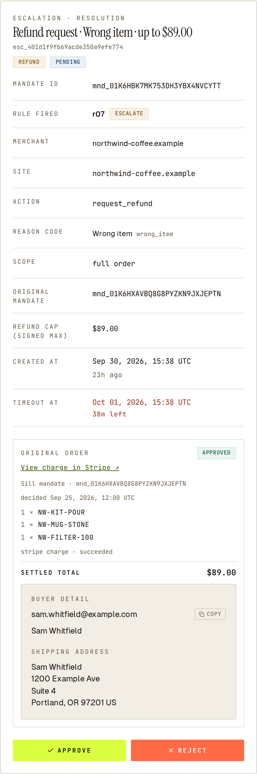 Held refund request for a wrong item, up to $89.00, with the original three-item order and Approve and Reject buttons