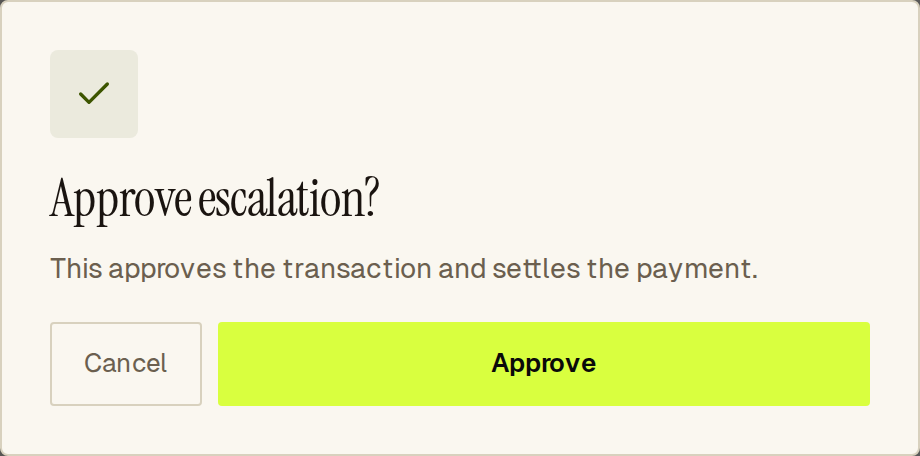 Confirmation before approving a held order; approving settles the payment.