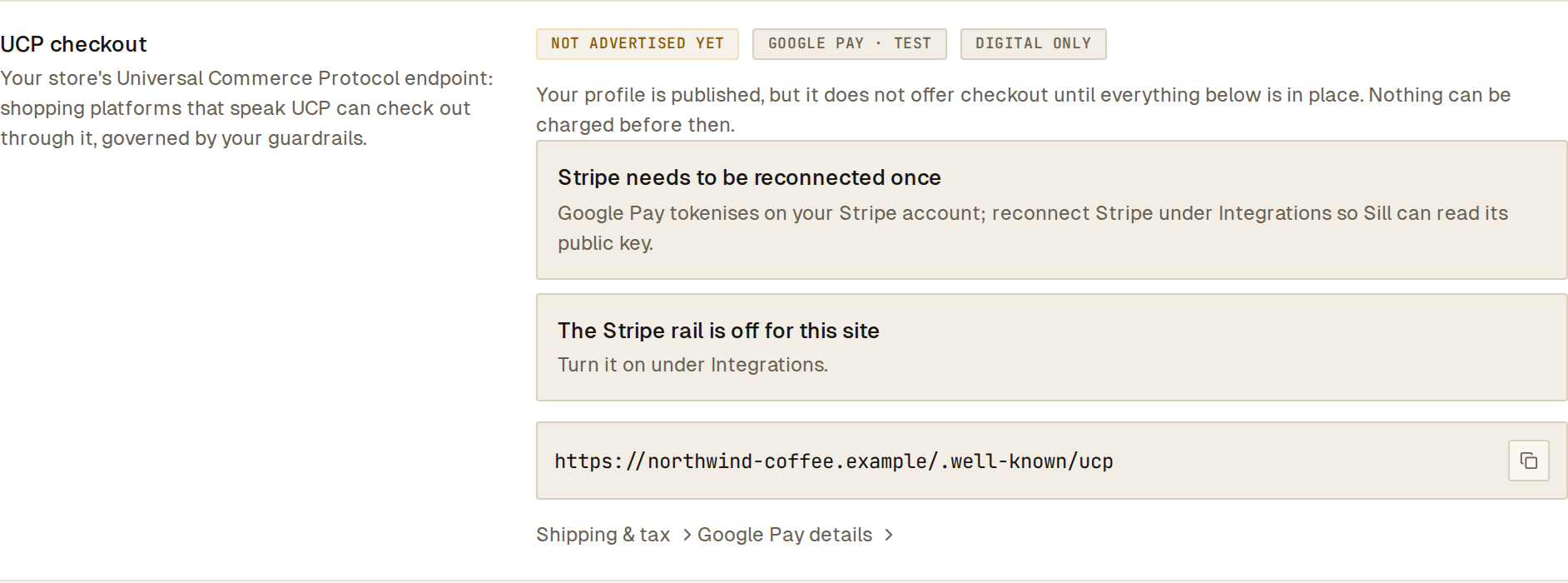 UCP checkout status row: NOT ADVERTISED YET, GOOGLE PAY · TEST, DIGITAL ONLY, with two outstanding checklist items