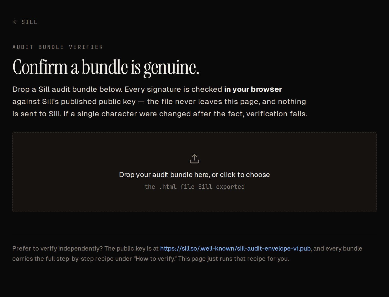 Hosted verifier at sill.so/verify with an empty drop zone for the exported .html audit bundle